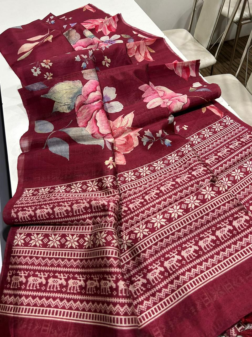 Premium Semi Desi Tussar Saree with Floral Digital Prints & Kalamkari Pallu