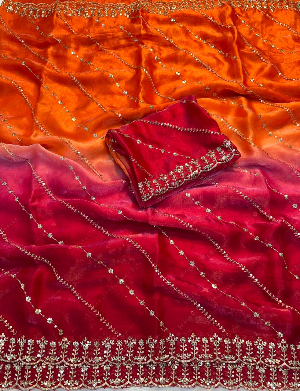 "Luxury Dual-Tone Space Silk Saree with Fancy Sequin & Multi-Thread Embroidery Work"