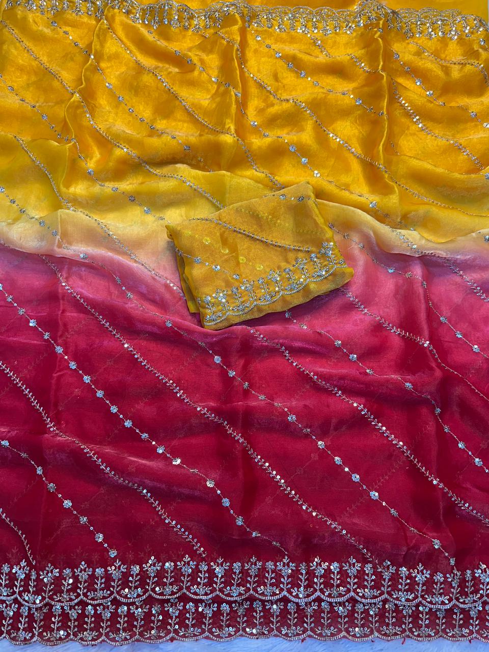 "Luxury Dual-Tone Space Silk Saree with Fancy Sequin & Multi-Thread Embroidery Work"