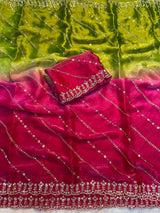 "Luxury Dual-Tone Space Silk Saree with Fancy Sequin & Multi-Thread Embroidery Work"