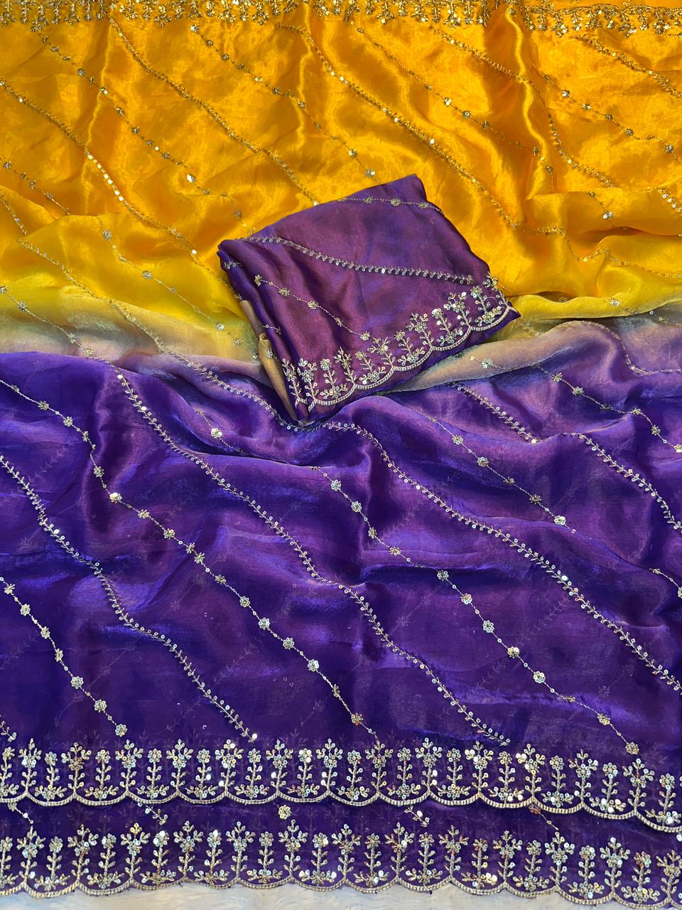 Space Silk Saree, Padding Silk Saree, Ombre Saree, Sequin Work Saree, Multi-Thread Embroidery Saree, Yellow and Purple Saree, Designer Festive Wear, Party Wear Saree 2026, Scalloped Border Saree, Sequence Blouse Saree.