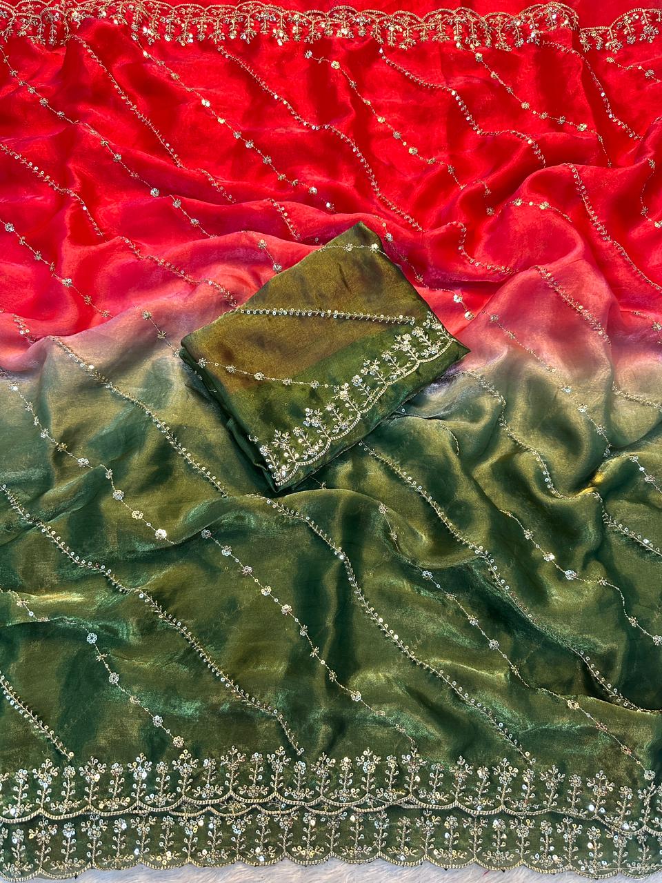 "Luxury Dual-Tone Space Silk Saree with Fancy Sequin & Multi-Thread Embroidery Work"