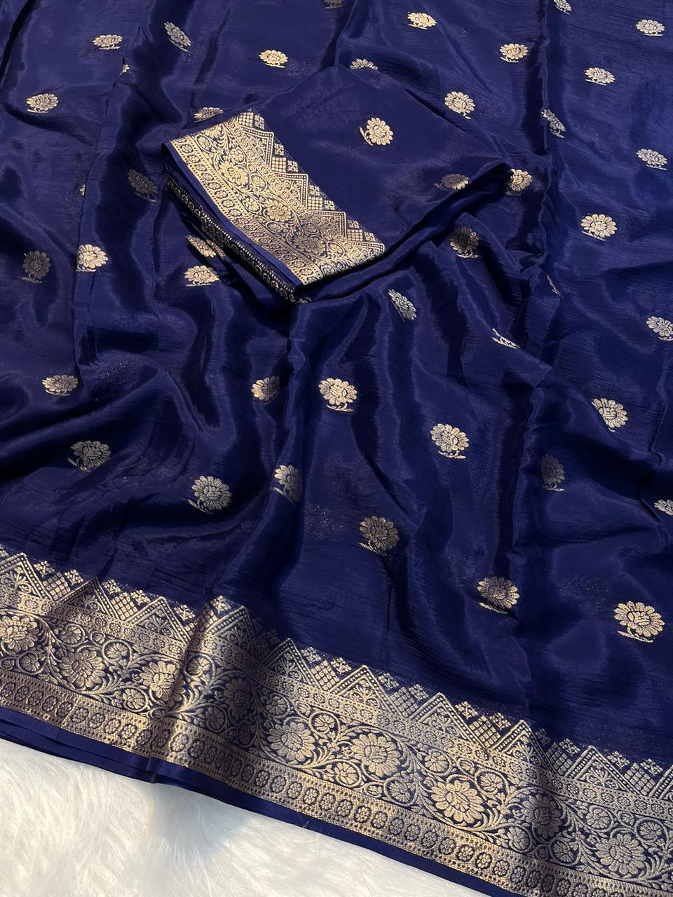 Soft Viscose Crepe Silk Saree with Traditional Zari Border and Floral Buti Work