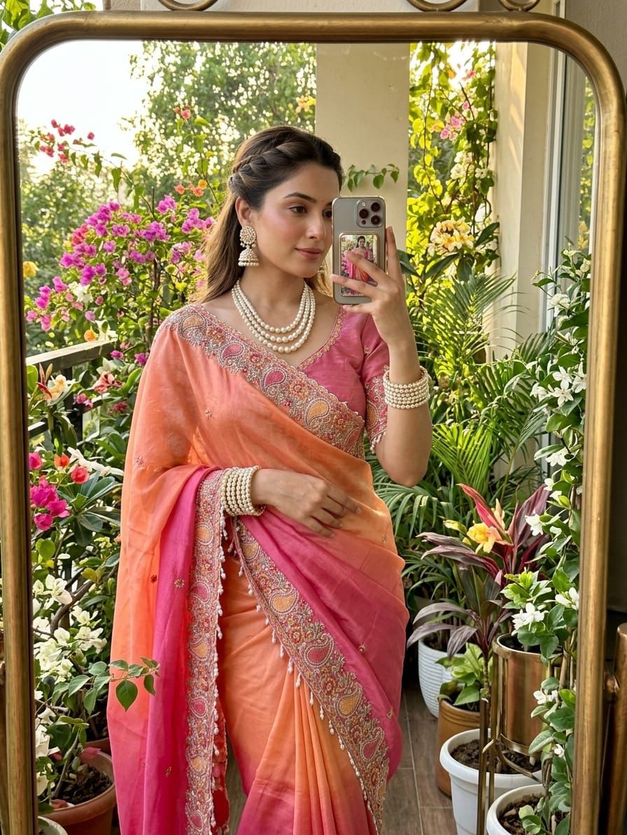 Designer Fendy Satin Saree with Embroidered Thread Work Border & Stitched Blouse