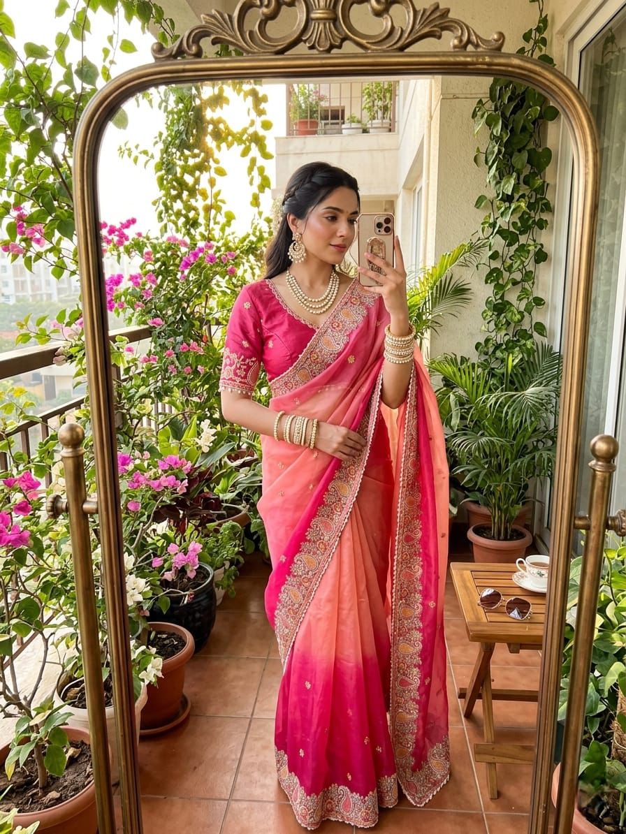 Designer Fendy Satin Saree with Embroidered Thread Work Border & Stitched Blouse