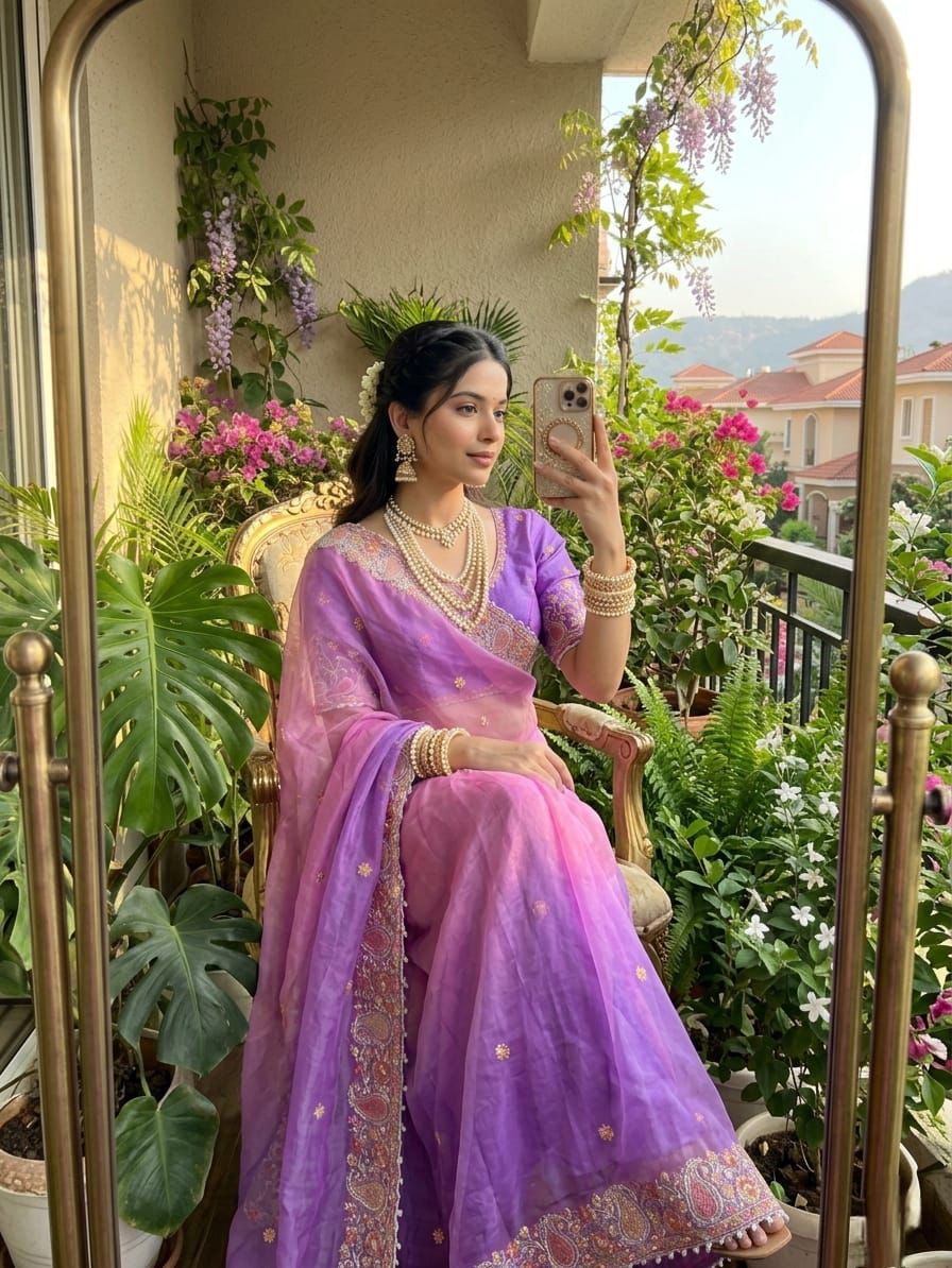 Designer Fendy Satin Saree with Embroidered Thread Work Border & Stitched Blouse