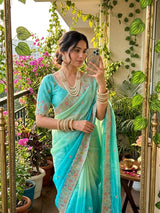 Designer Fendy Satin Saree with Embroidered Thread Work Border & Stitched Blouse