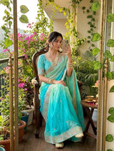 Designer Fendy Satin Saree with Embroidered Thread Work Border & Stitched Blouse