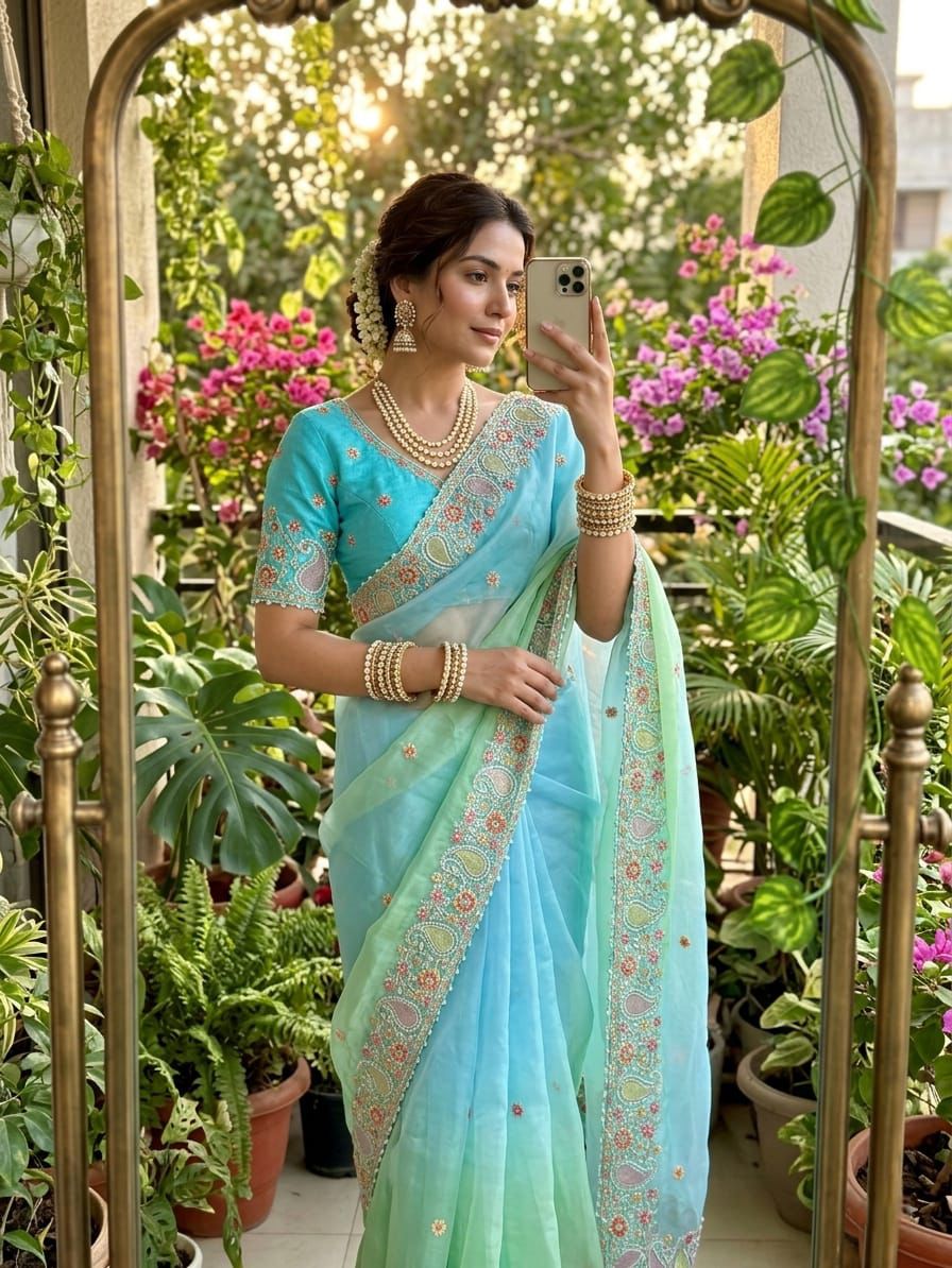 Designer Fendy Satin Saree with Embroidered Thread Work Border & Stitched Blouse