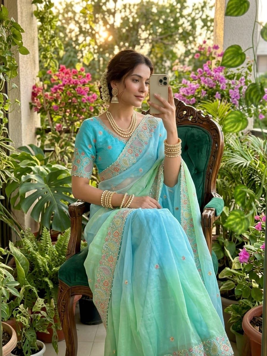 Designer Fendy Satin Saree with Embroidered Thread Work Border & Stitched Blouse