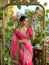 Designer Fendy Satin Saree with Embroidered Thread Work Border & Stitched Blouse
