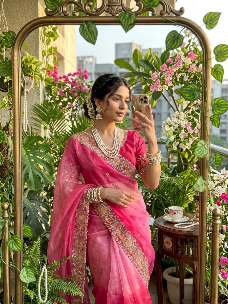 Designer Fendy Satin Saree with Embroidered Thread Work Border & Stitched Blouse