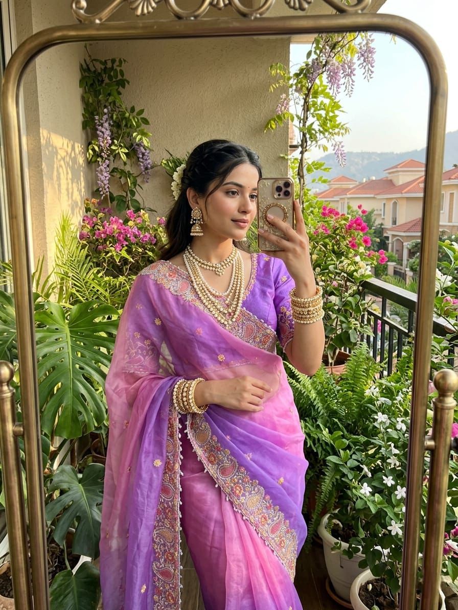 Designer Fendy Satin Saree with Embroidered Thread Work Border & Stitched Blouse