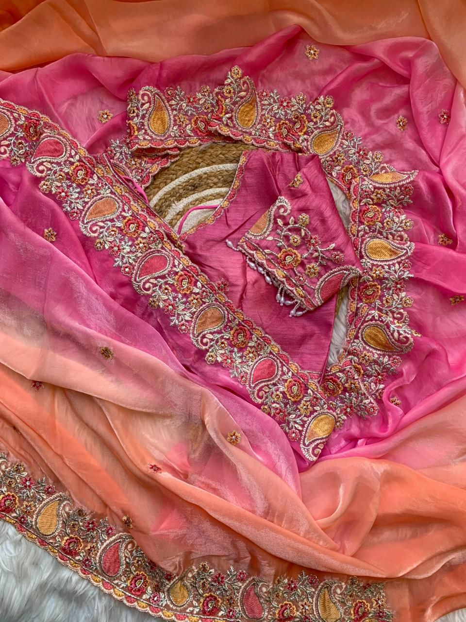 Designer Fendy Satin Saree with Embroidered Thread Work Border & Stitched Blouse