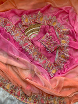 Designer Fendy Satin Saree with Embroidered Thread Work Border & Stitched Blouse