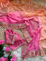 Designer Fendy Satin Saree with Embroidered Thread Work Border & Stitched Blouse
