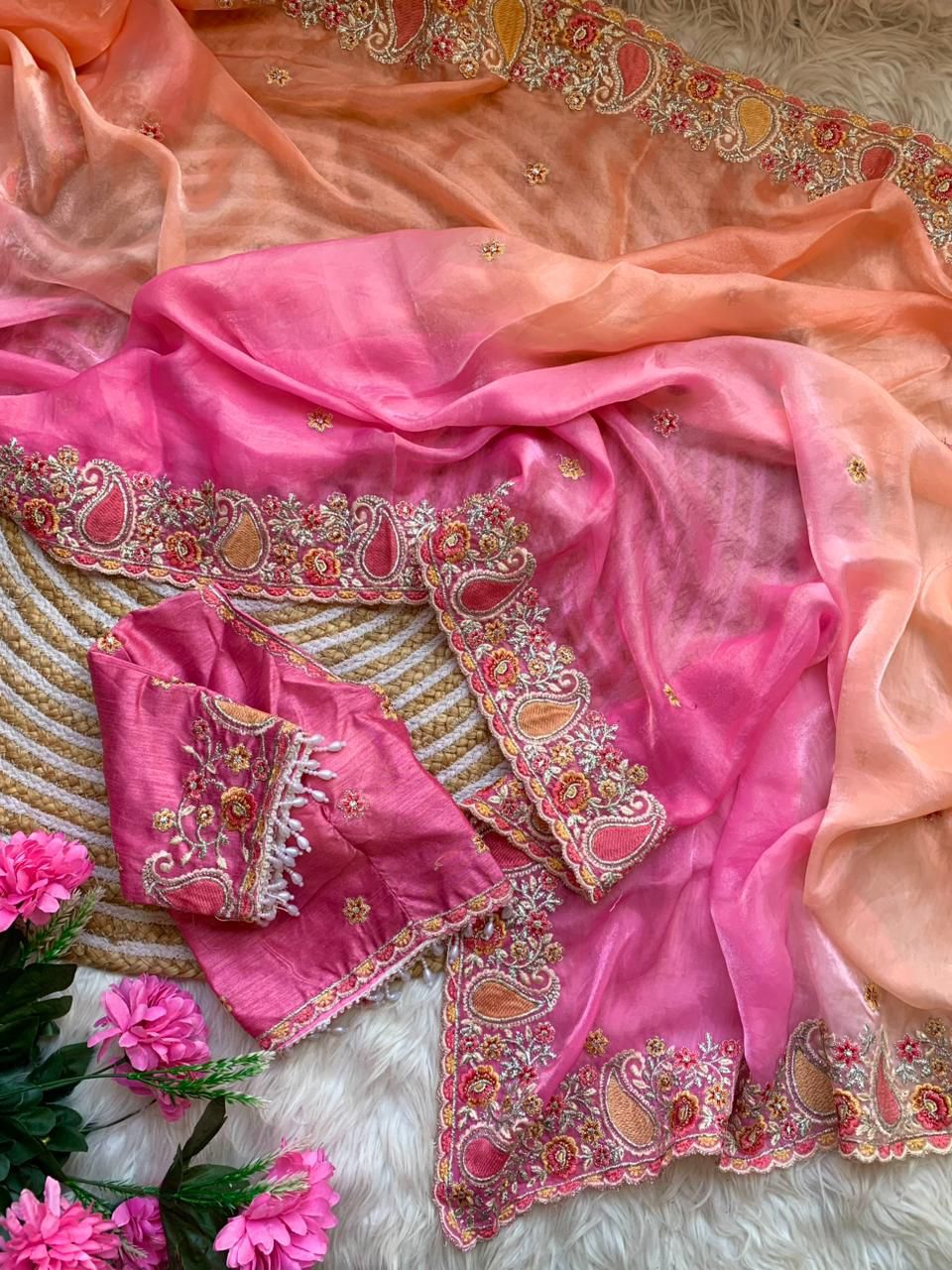 Designer Fendy Satin Saree with Embroidered Thread Work Border & Stitched Blouse