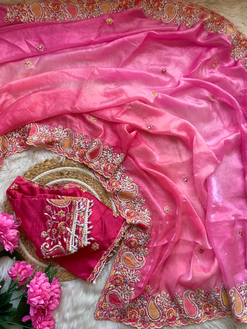 Designer Fendy Satin Saree with Embroidered Thread Work Border & Stitched Blouse