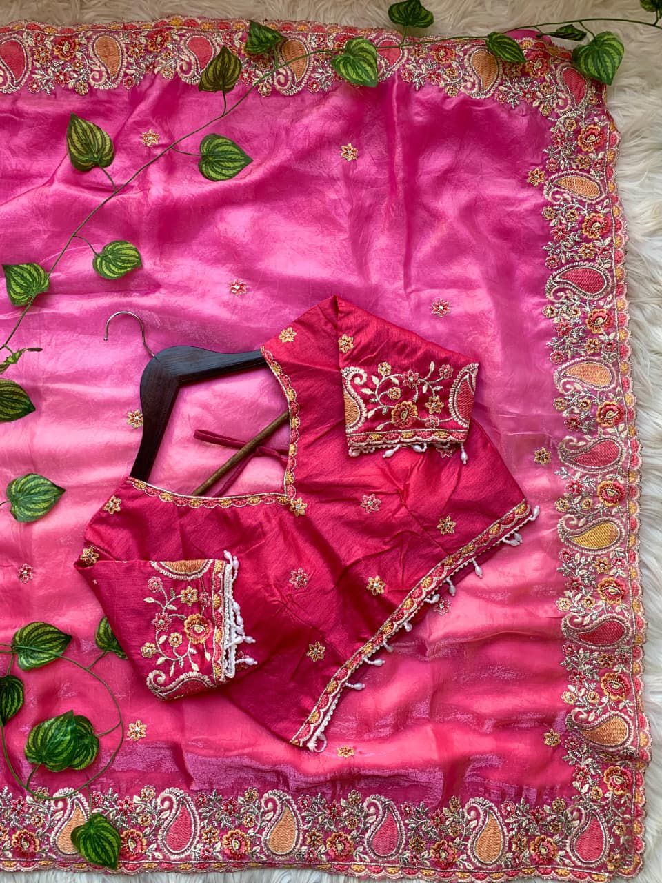 Designer Fendy Satin Saree with Embroidered Thread Work Border & Stitched Blouse