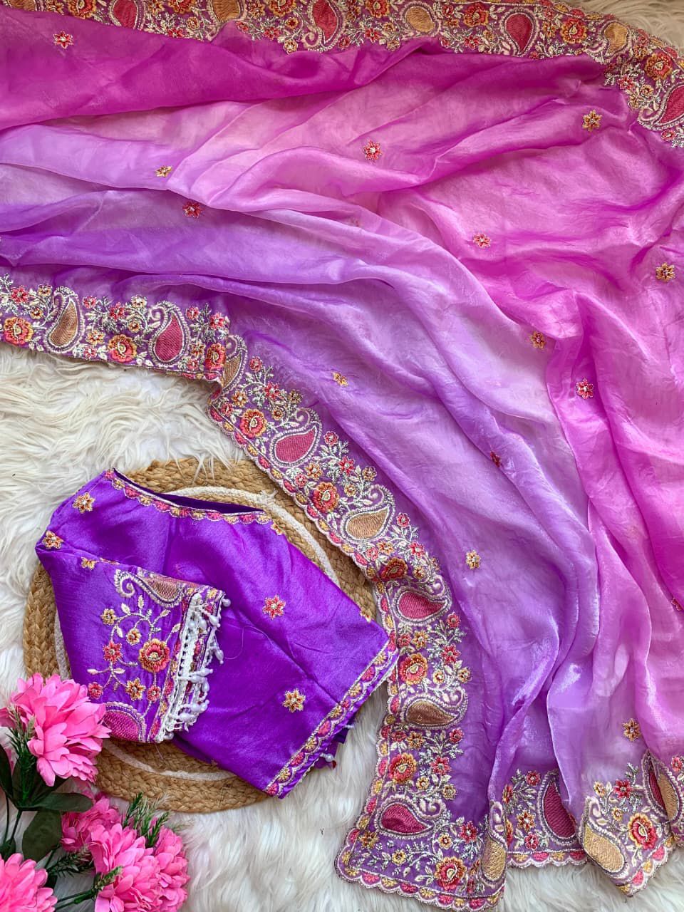 Designer Fendy Satin Saree with Embroidered Thread Work Border & Stitched Blouse