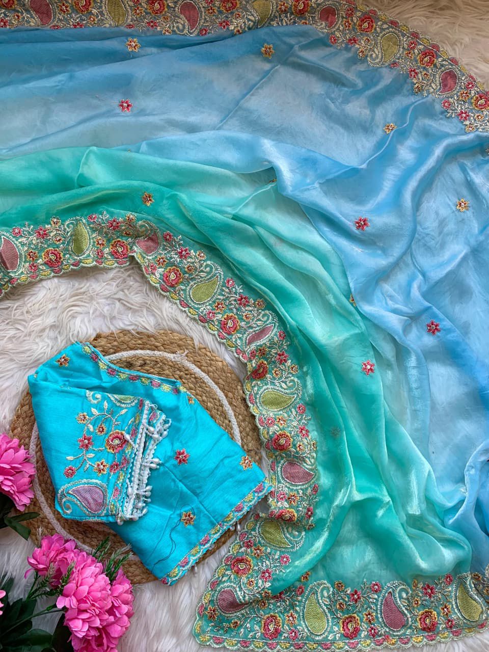 Designer Fendy Satin Saree with Embroidered Thread Work Border & Stitched Blouse