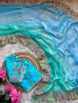 Designer Fendy Satin Saree with Embroidered Thread Work Border & Stitched Blouse