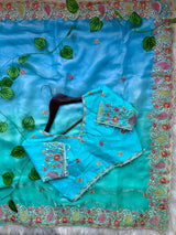 Designer Fendy Satin Saree with Embroidered Thread Work Border & Stitched Blouse