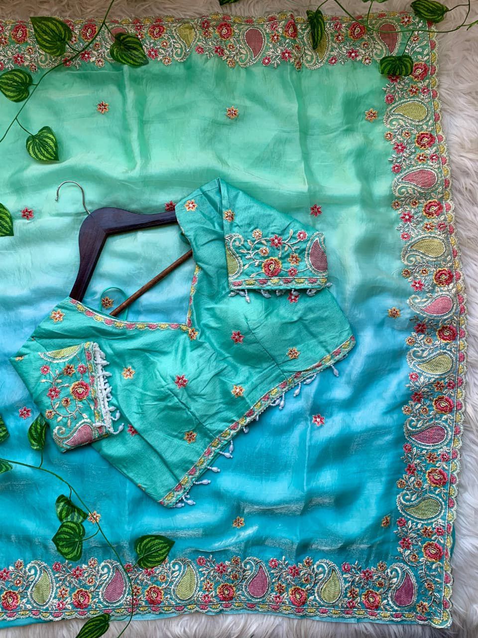 Designer Fendy Satin Saree with Embroidered Thread Work Border & Stitched Blouse