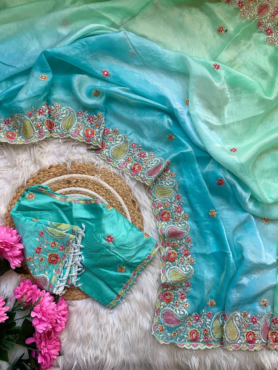 Designer Fendy Satin Saree with Embroidered Thread Work Border & Stitched Blouse