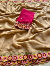 Pure Soft Rangoli Silk Saree with Floral Embroidery Thread Work Contrast Blouse