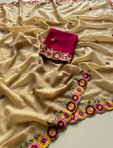 Pure Soft Rangoli Silk Saree with Floral Embroidery Thread Work Contrast Blouse