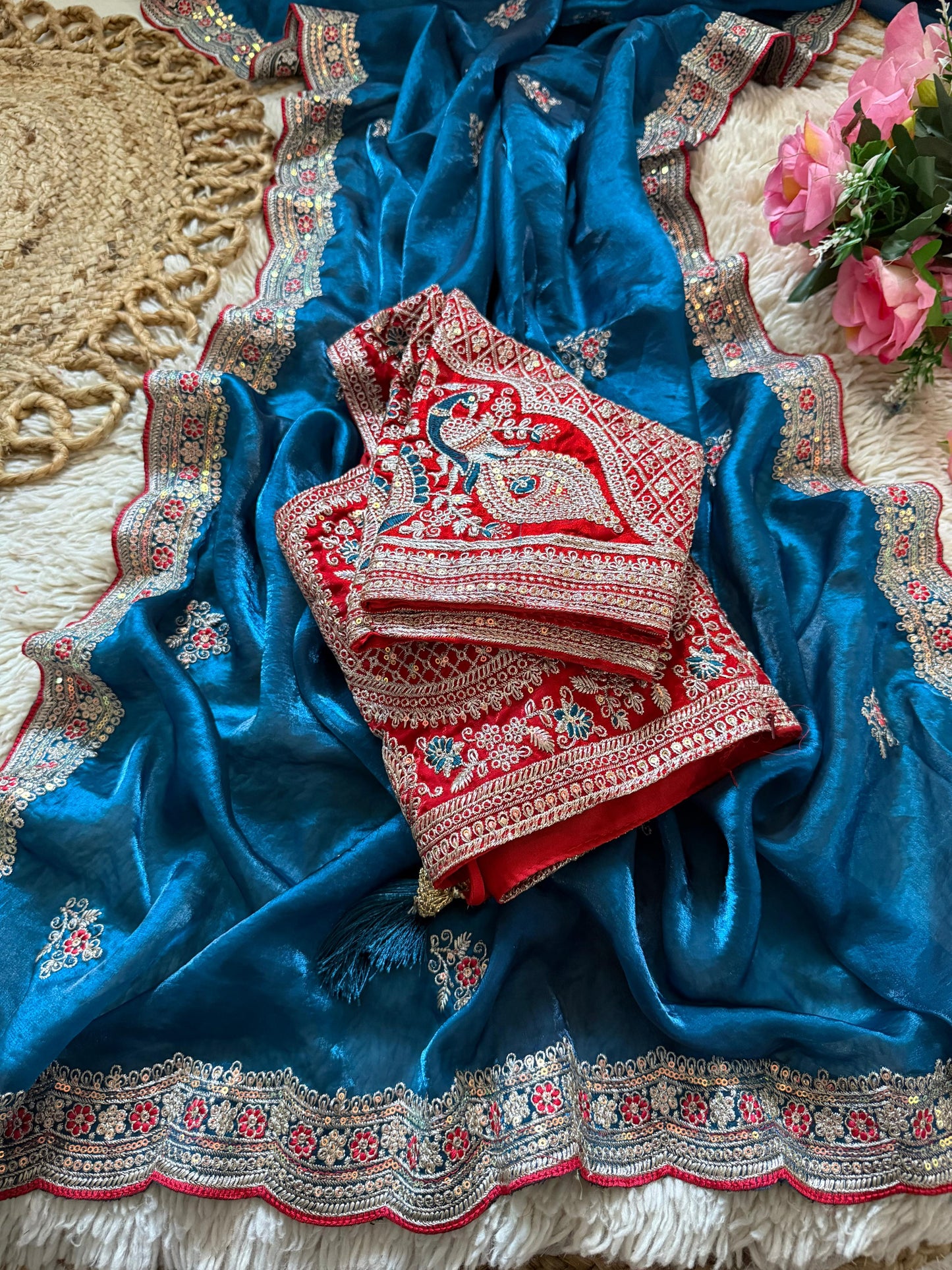 Premium Space Silk Saree with Multi Sequence & Thread Embroidery Designer Blouse