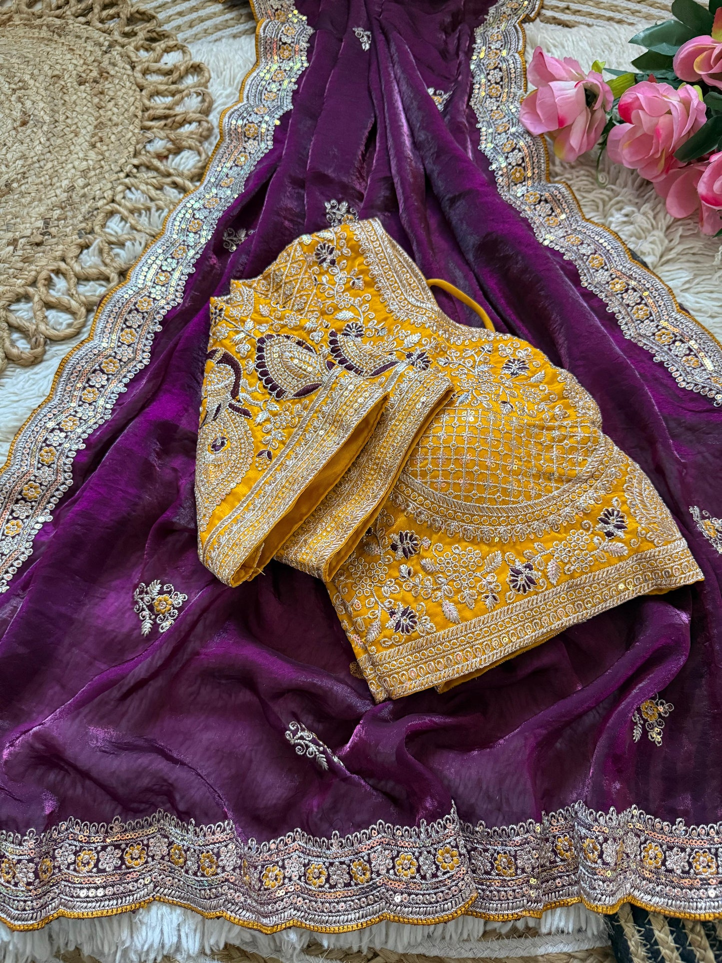 Premium Space Silk Saree with Multi Sequence & Thread Embroidery Designer Blouse