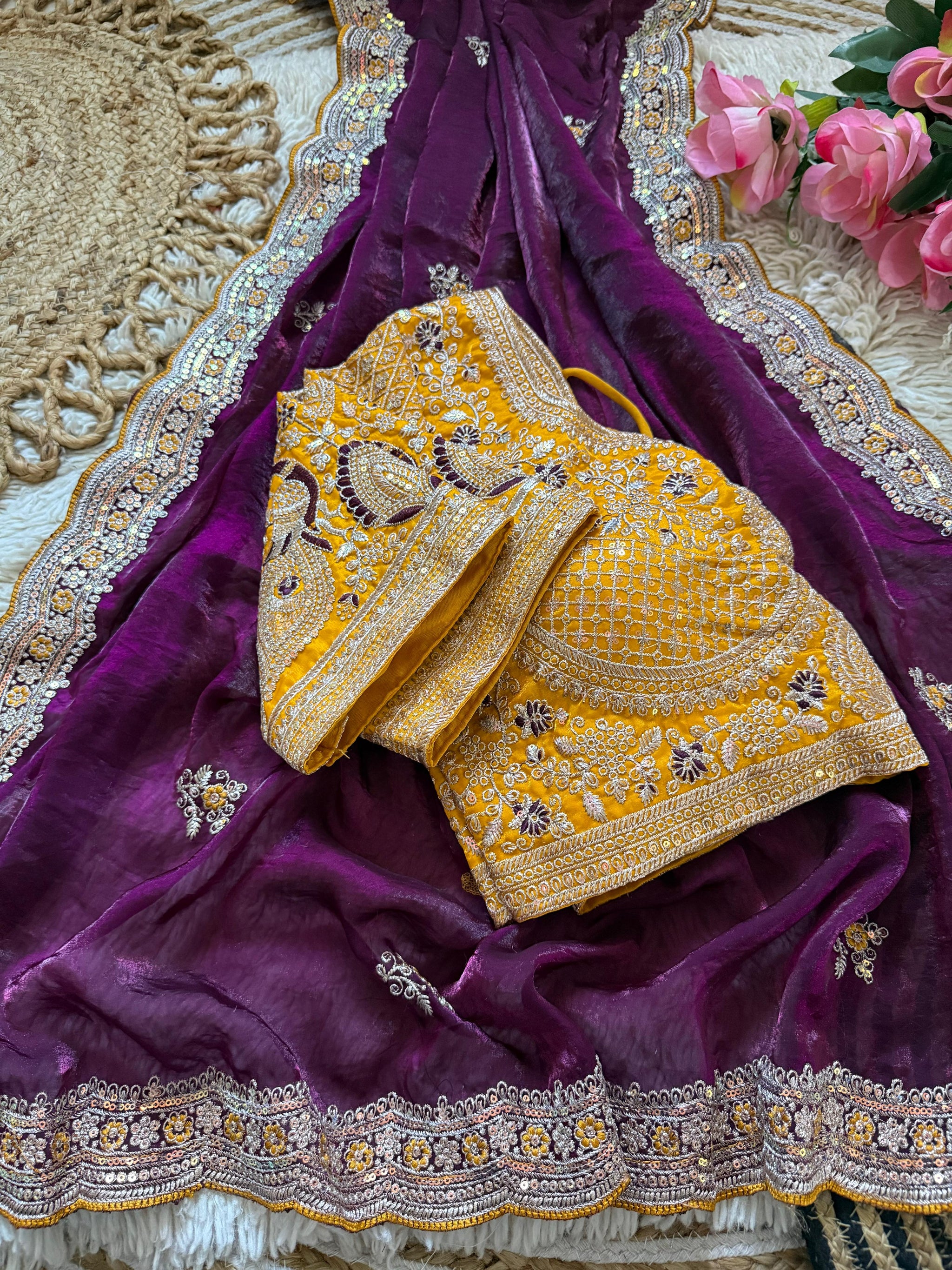 Premium Space Silk Saree with Multi Sequence & Thread Embroidery Designer Blouse