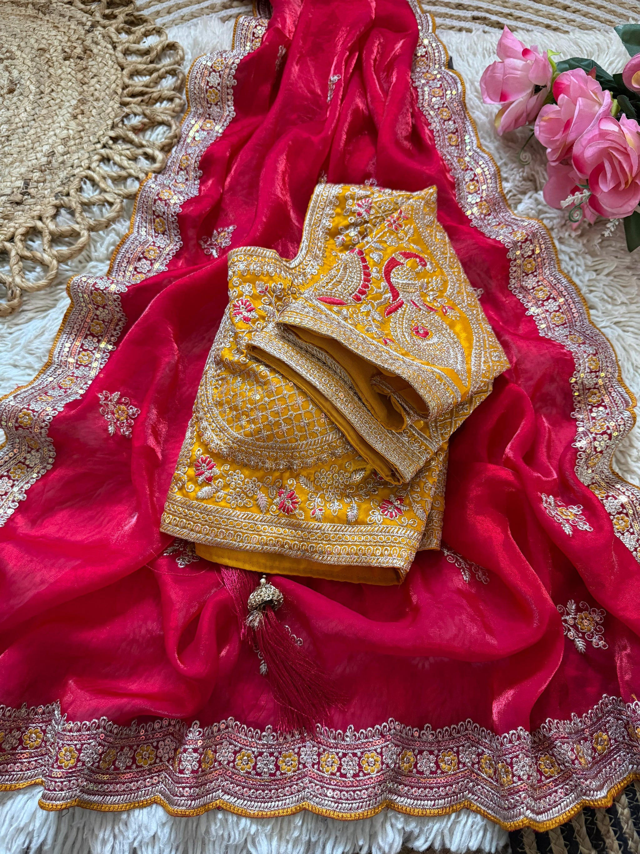 Premium Space Silk Saree with Multi Sequence & Thread Embroidery Designer Blouse