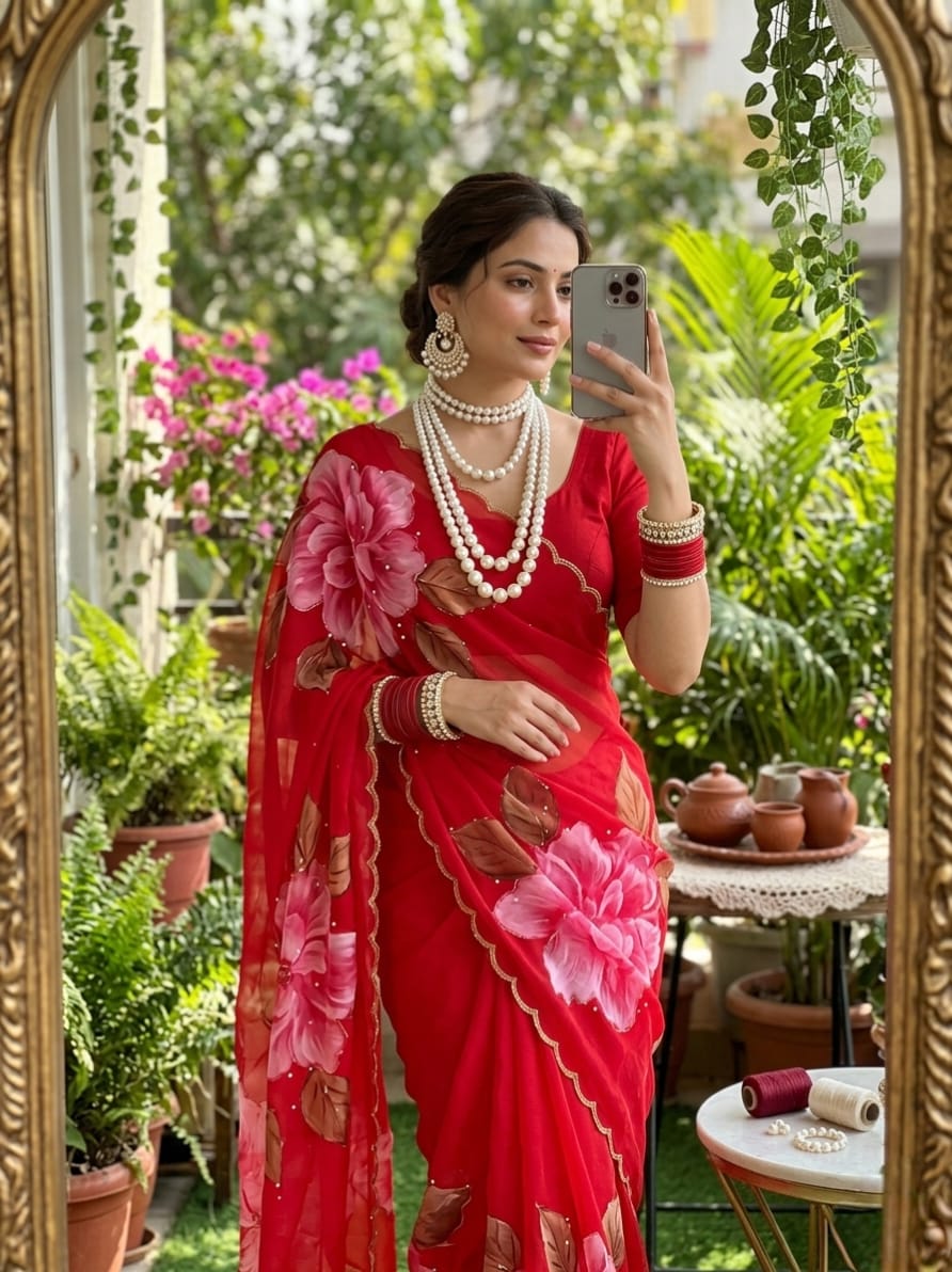 Elegant Alphino Chiffon Digital Printed Saree with Heavy Khatli Work & Plain Blouse