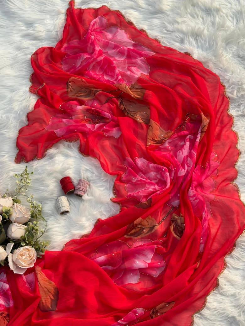 Designer Alphino Chiffon Saree with Digital Floral Print & Heavy Khatli Handwork Blouse