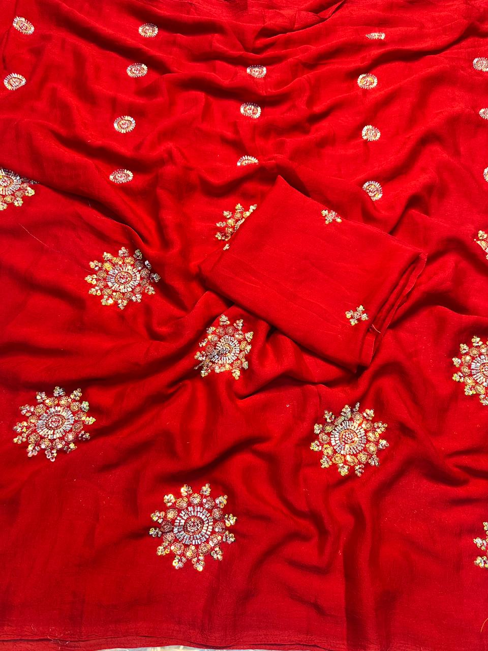 Fancy Crush Fabric Saree with Handwork Butti C Pallu and Running Blouse