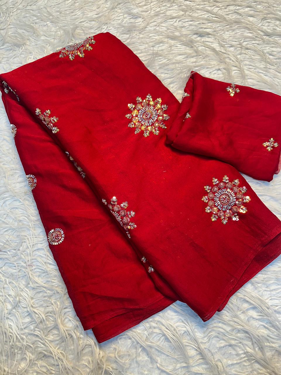 Fancy Crush Fabric Saree with Handwork Butti C Pallu and Running Blouse
