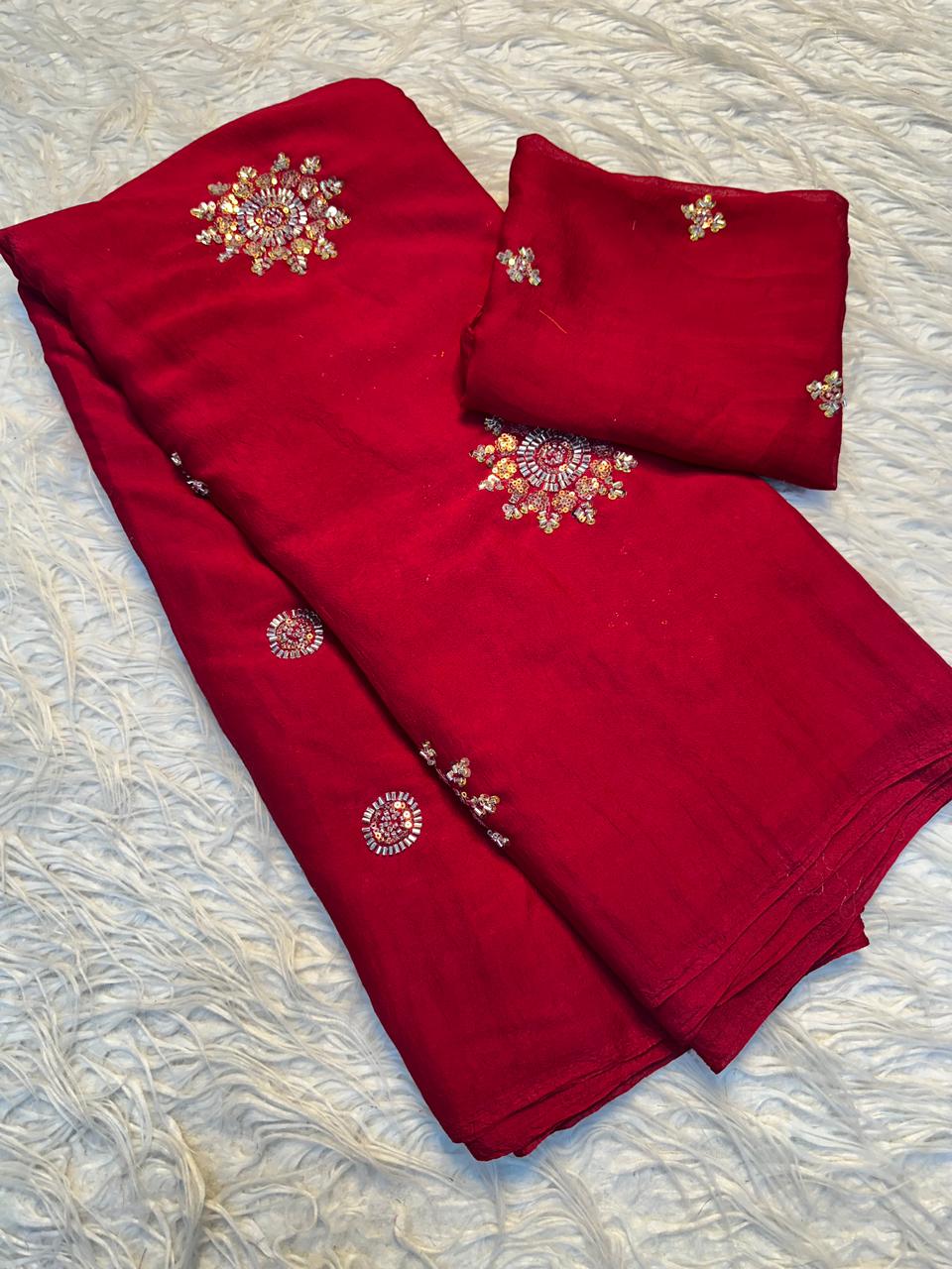 Fancy Crush Fabric Saree with Handwork Butti C Pallu and Running Blouse