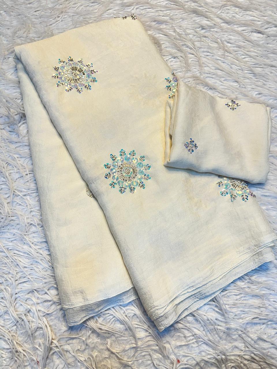 Fancy Crush Fabric Saree with Handwork Butti C Pallu and Running Blouse