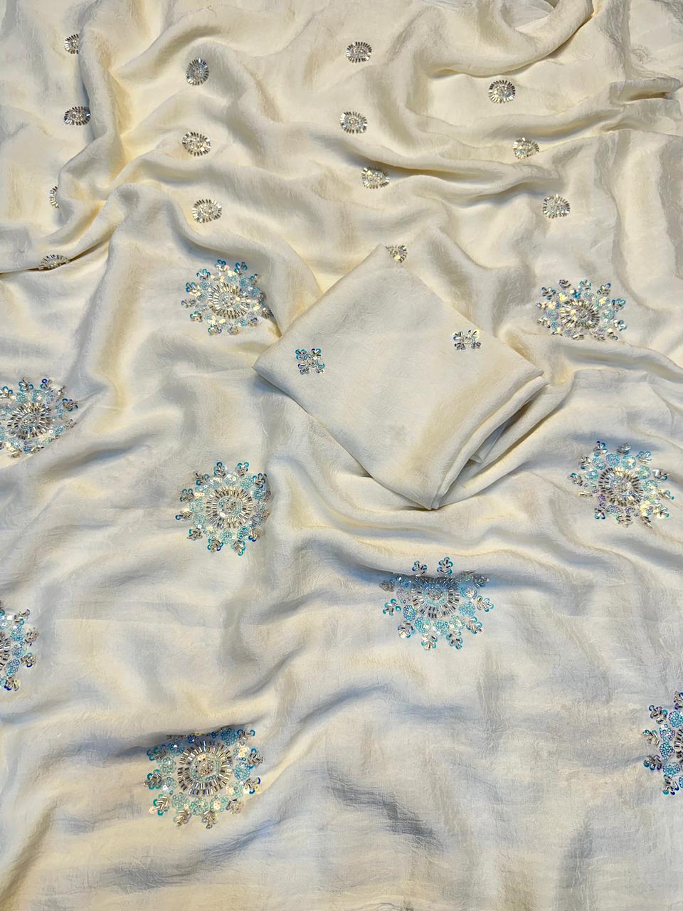 Fancy Crush Fabric Saree with Handwork Butti C Pallu and Running Blouse