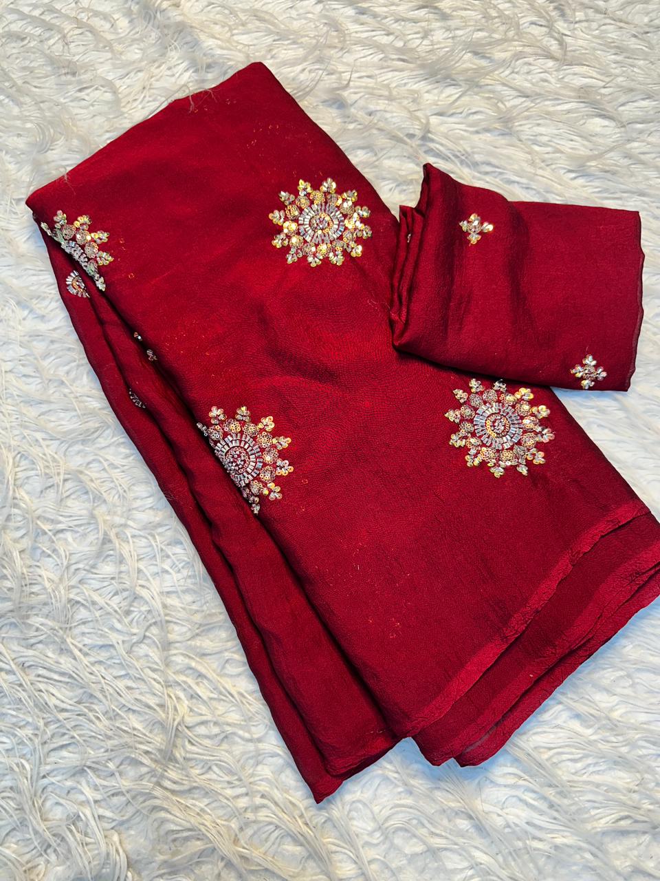 Fancy Crush Fabric Saree with Handwork Butti C Pallu and Running Blouse