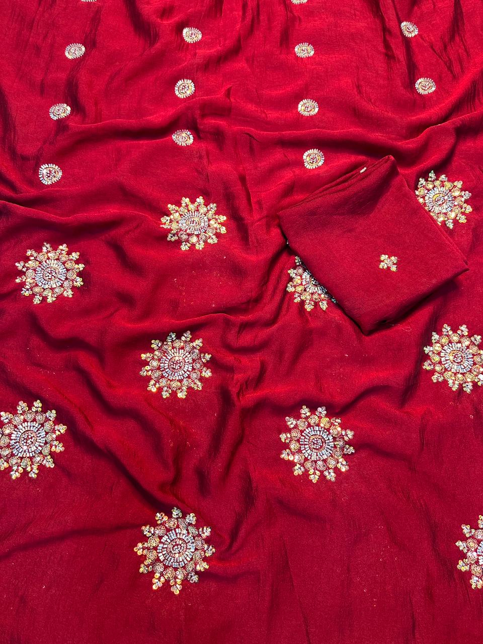 Fancy Crush Fabric Saree with Handwork Butti C Pallu and Running Blouse