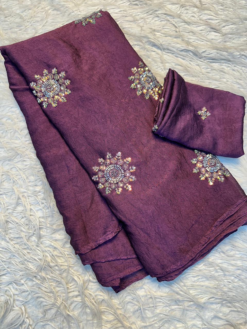 Fancy Crush Fabric Saree with Handwork Butti C Pallu and Running Blouse