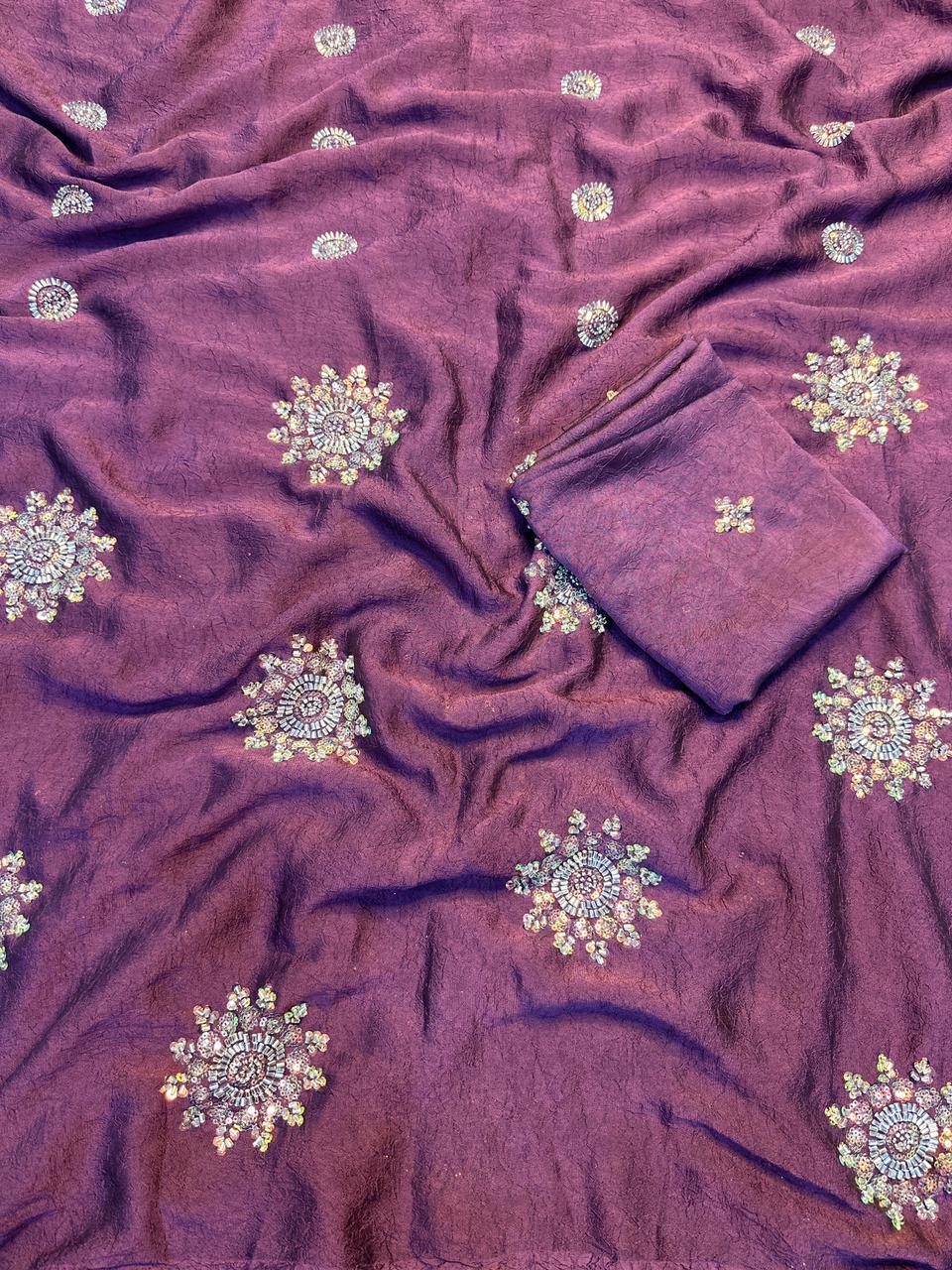 Fancy Crush Fabric Saree with Handwork Butti C Pallu and Running Blouse