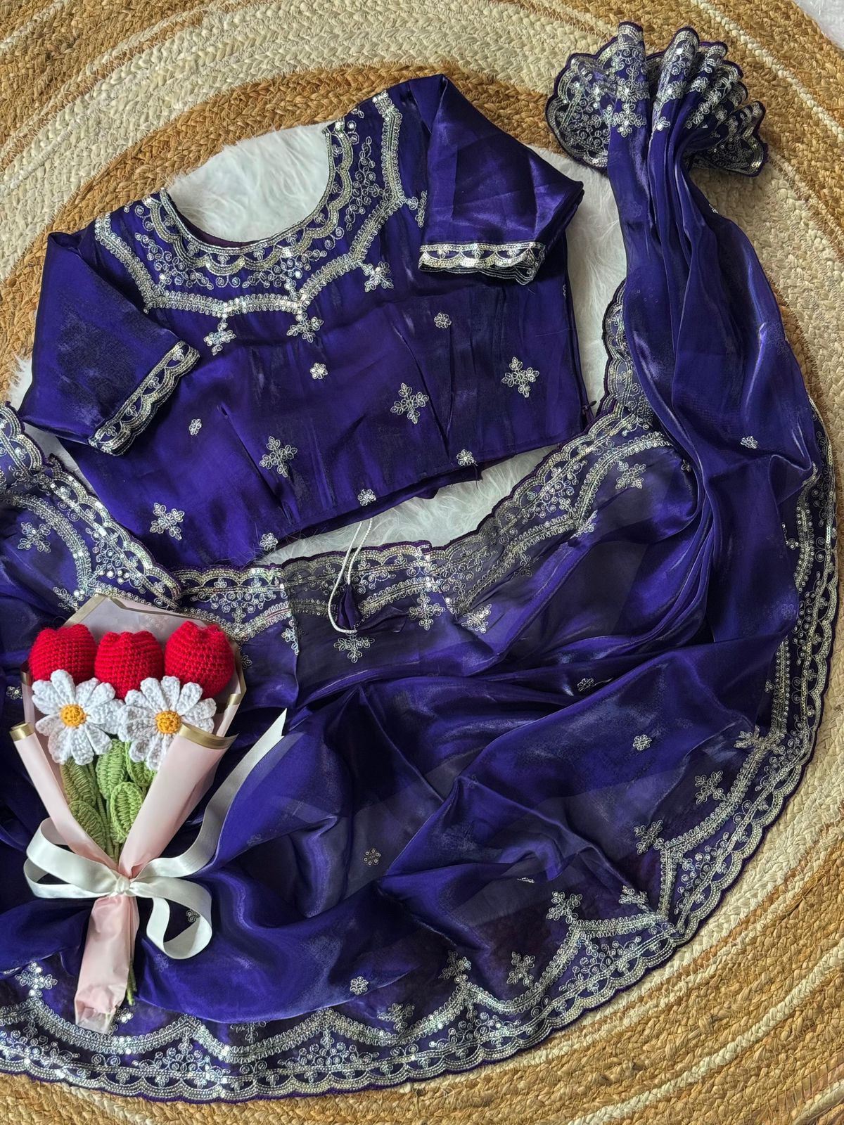Soft Satin Embroidered Saree with Sequins Jari Work & Scallop Border Designer Stitch Blouse