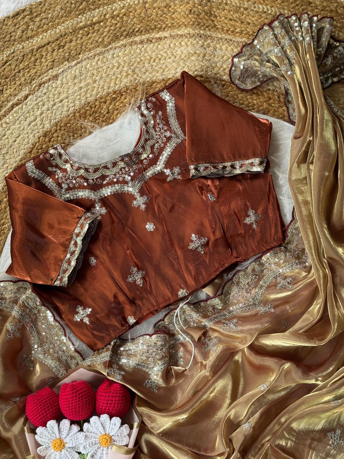 Soft Satin Embroidered Saree with Sequins Jari Work & Scallop Border Designer Stitch Blouse