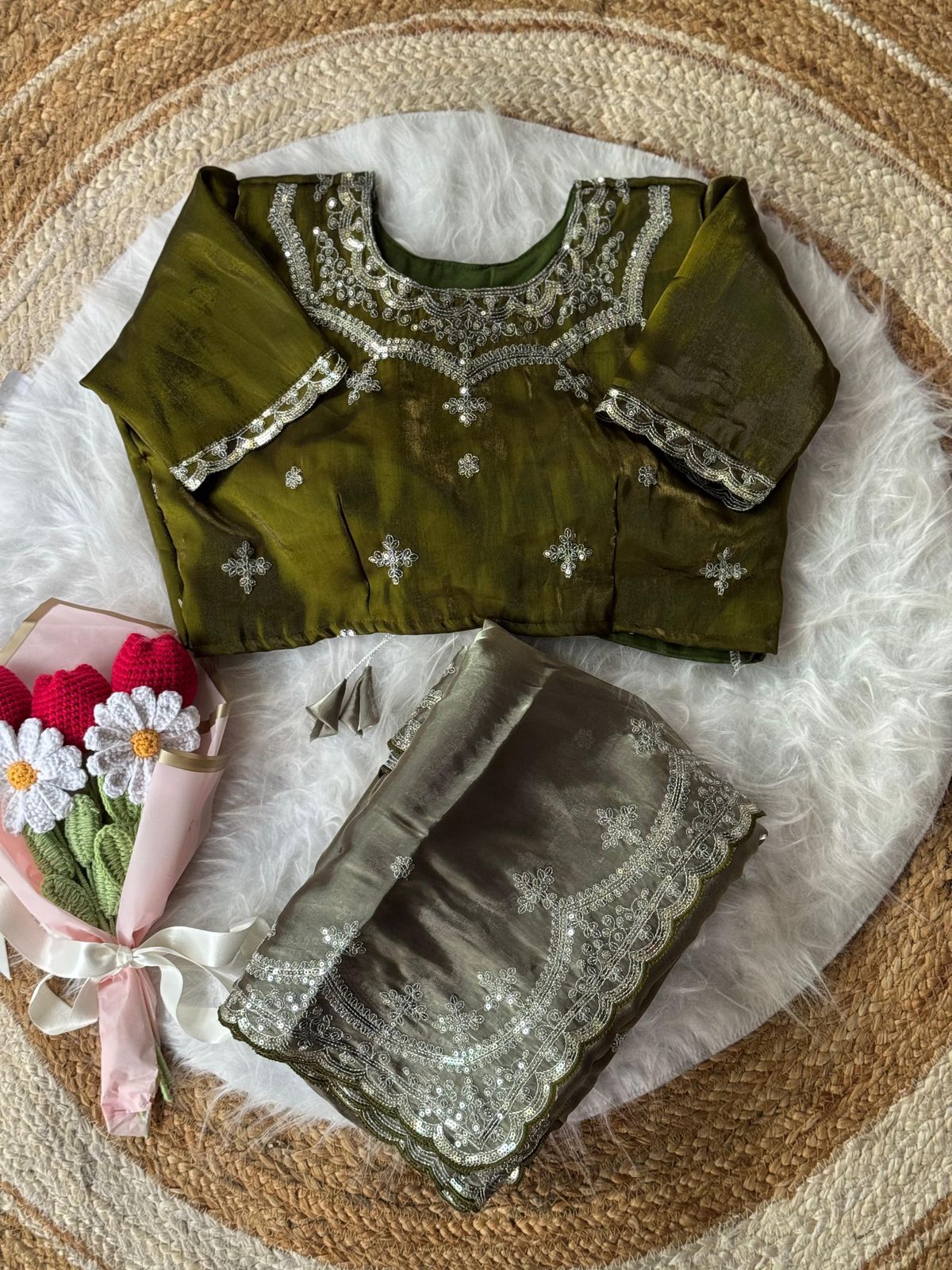 Soft Satin Embroidered Saree with Sequins Jari Work & Scallop Border Designer Stitch Blouse