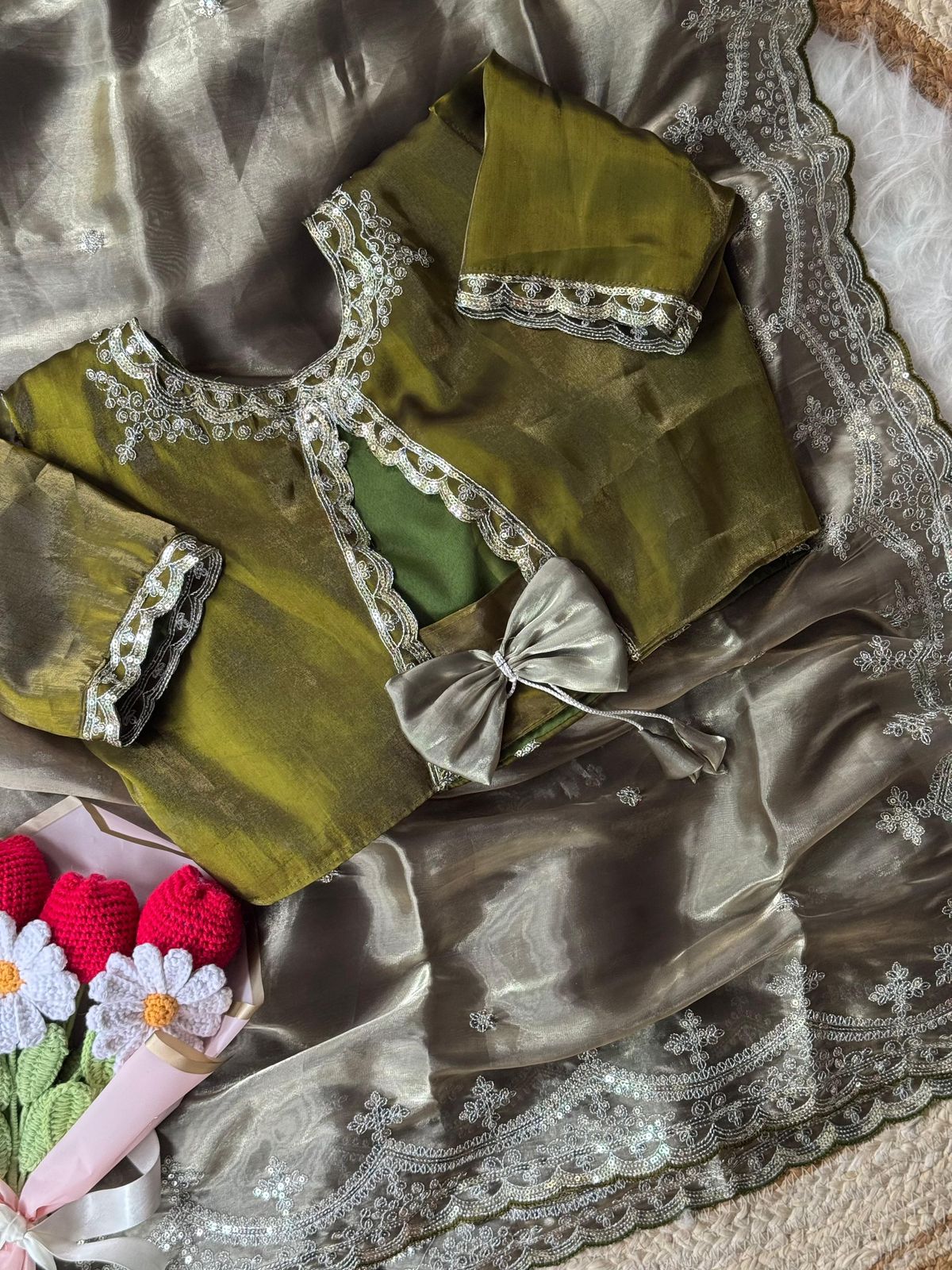 Soft Satin Embroidered Saree with Sequins Jari Work & Scallop Border Designer Stitch Blouse